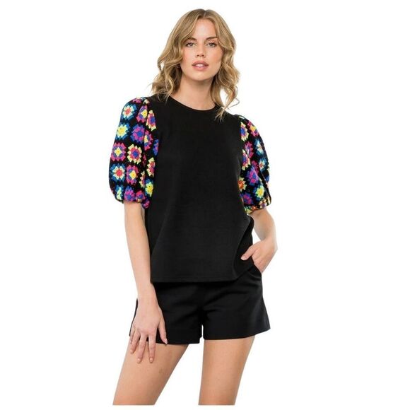 THML James Crochet Short Puff Sleeve Top. Size Large. Anthro. Grandmacore - Picture 3 of 12